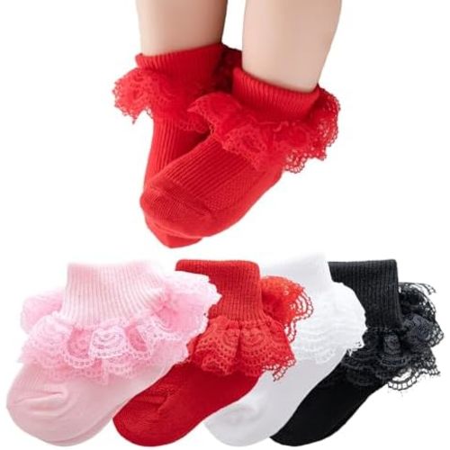 Baby Girls Lace Socks,Soft Cotton Ruffle Ankle Socks Frilly Dress Socks for Newborns Infants Toddlers and kids