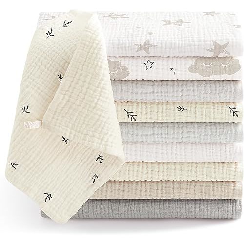 Bearmoss Muslin Baby Washcloths 100% Cotton Bath Wash Cloth Large Burp Cloth Baby Face Towel for Newborn Baby Boy Girl, 10x10inch 10Pack (Neutral)