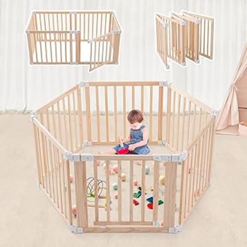 Foldable Wooden Playpen-51x51x25in-Large Baby Gate Playpen with Child-Proof Lock-Easy Assembly, Portable Design for Babies & Toddlers- Shape& Size Adjustable Baby Fence Play Area (Wood, 6 Panel)