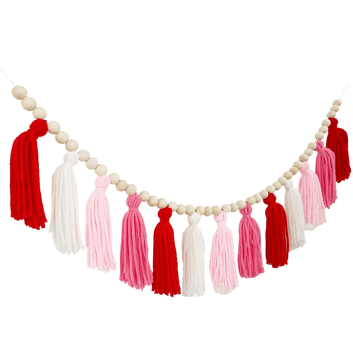 Boho Woolen Tassels Garland with Wood Beads Pink Red White Style Girls Nursery D