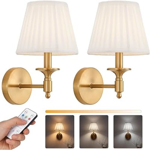 Battery Operated Wall Sconce Set of 2, Gold Wireless Wall Lights with 3 CCT Color Temperature & Dimmable Magnetic Bulb and Remote, Rechargeable Wall Decor Lamp for Bedroom Living Room Hallway