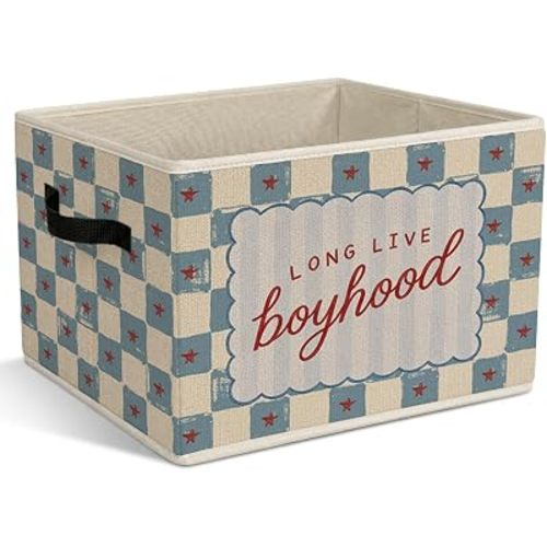 Boys Playroom Foldable Storage Bins with Handles, Long Live Boyhood Decorative Storage Basket for Organizing Clothes Tools Books, Blue Preppy Checkered Gift for Boys Nursery Playroom Bedroom