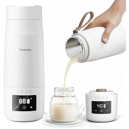 Portable Bottle Warmer for Travel, Detachable Baby Bottle Warmer Portable for Breastmilk Formula, Fast Heating & Long time Temp Keep, Rechargeable, Healthy for Baby on Journey, Car, Airplane
