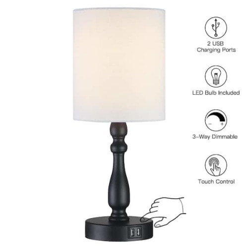 16 .5 in. Black Touch Control 3-Way Table Lamp with 2-USB Ports, 6-Watt LED Bulb Included