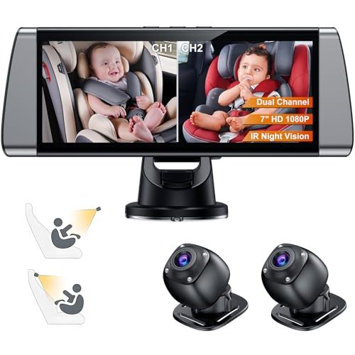 Baby Car Camera for 2 Kids - 7" Split Screen with Dual Carseat Camera - USB Plug and Play Easy Install - Safety Rear Facing Infant Back Seat Monitor with HD 1080P, Night Vision - Grey