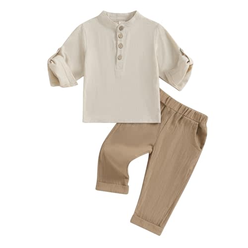 Karuedoo Toddler Baby Boy Clothes Cotton Linen Henley Shirts Button Down Long Sleeve Shirts Casual Pants Set