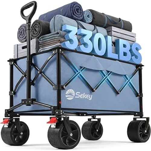 Sekey 150L Wagons Carts Foldable with Big All-Terrian Beach Wheels, Collapsible Heavy DutyWagon, Extra Large Folding Wagon,Foldable Wagon for Camping, Garden, Sports. Blue