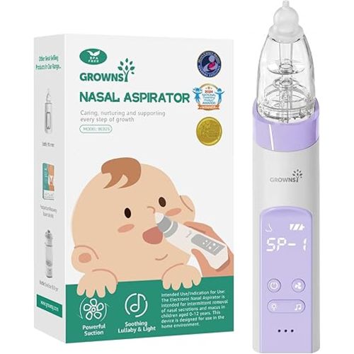 GROWNSY Nasal Aspirator for Baby, Electric Baby Nose Sucker, Automatic Nose Cleaner with Larger Suction Chamber and More Powerful Suction, Music and Light Soothing Function, Purple