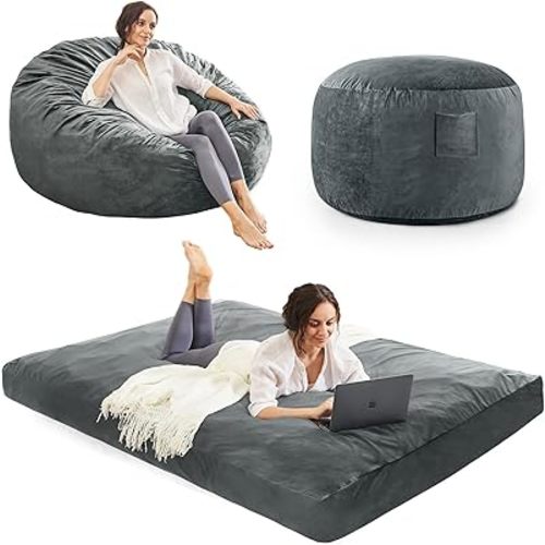 Bean Bag Chairs for Adults - Giant Bean Bag Chair Convertible Bean Bag Bed - Beanbag Chair with Micro Fiber Cover/Furniture Foam Filler - Floor Couch Sofa in Bedroom Dorm Room - Full Charcoal
