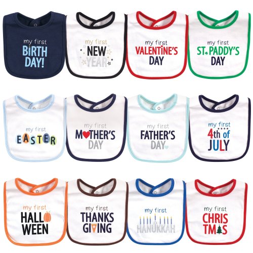 Hudson Baby Infant Boy Cotton Bibs 12pk, Holiday Bold Boy, One Size - Holiday Bold Boy - One Size