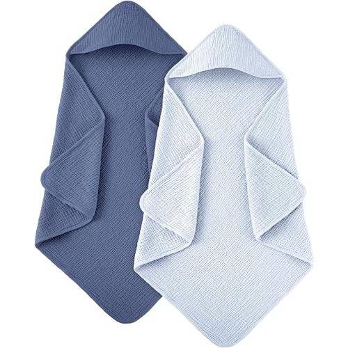 Susurration Hooded Baby Towels for Newborn 2 Pack 100% Muslin Cotton Towel for Babies，Highly Absorbent and Newborn Essential 30x30 Inch Light Blue&Royal Blue