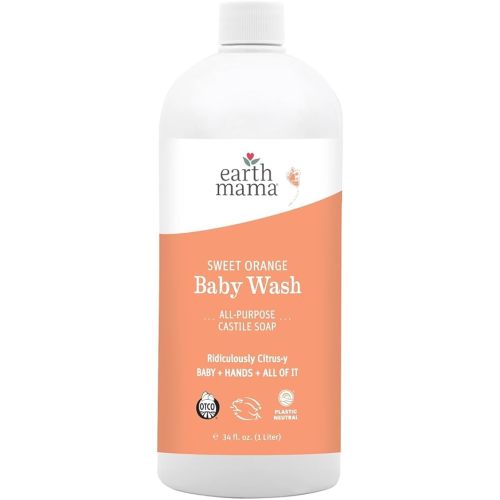 Earth Mama Sweet Orange Baby Wash Liquid Hand Soap Refill, Organic Body Wash for Sensitive Skin, All Purpose Castile Soap Liquid with Coconut Oil, Shea Butter, Calendula & Aloe, 34 fl oz