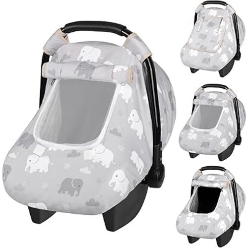 Windproof Baby Car Seat Cover, 3D Mink Dot Infant Car Seat Canopy with Breathable Mesh Window, Baby Carrier for All Seasons, Easy Access Carseat Covers Snug Fit Infant Stroller(Elephant)