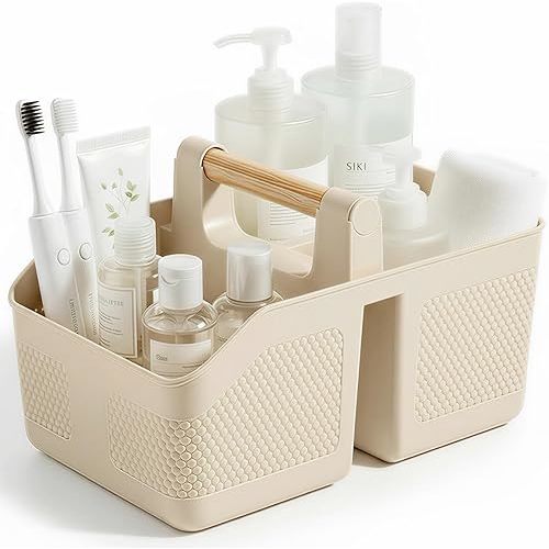 rejomiik Shower Caddy Portable with Bamboo Handle, Plastic Basket Cleaning Caddy Organizer Storage Tote for Bathroom, College, Dorm Room Essentials, Cream