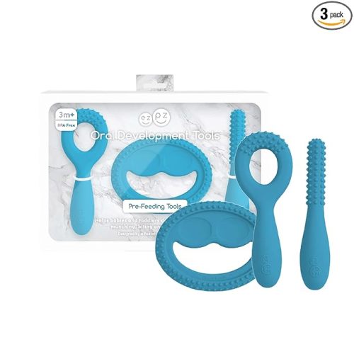 ezpz Oral Development Tools (3 Pack in Blue) - 3 Months+ - Non-Slip Loop, Smile and Stick 100% Silicone Tools - Prepare for Chewing + Solids - Baby-Led Weaning Supplies