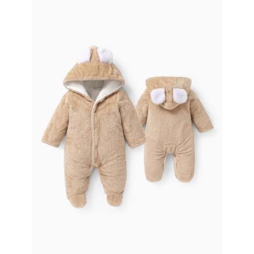 Baby Boy/Girl Bear Style Hooded Fleece Jumpsuit Khaki