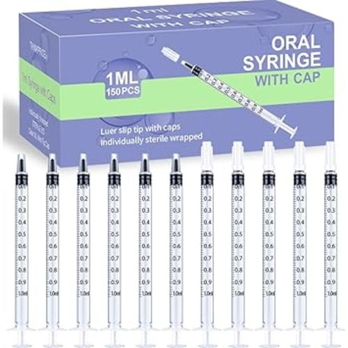 150 Pcs 1ml Syringes with Caps Oral Dispenser Individually Sterile Warpped for Medicine Dropper, Colostrum Collect Feeding Pets, Liquid