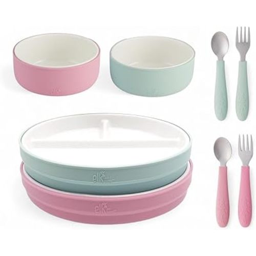 Elk and Friends Kids Porcelain Mealtime Bundle with Normal Sleeves | Plates, Bowls + Toddler Utensils | Silicone Sleeves | For Meals + Snacks | Microwave + Dishwasher Safe