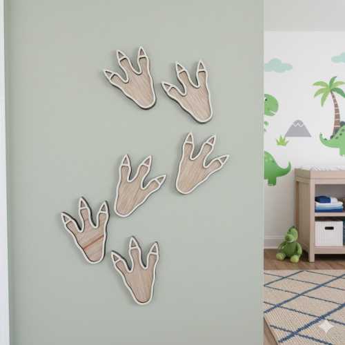 Set of 6 Wooden Dinosaur Footprints | Nursery Wall Decor | Single or Double Layer with Acrylic | Dino Themed Room Accessories | Kids Bedroom