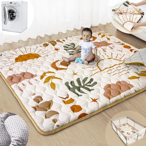 Beavtaens Baby Play Mats for Floor, 71”x59” Upgraded Thickness & Larger Super Soft Playmat for Babies and Toddlers, Foldable Washable, Upgrade Anti-Slip Crawling Mat for Playpen(Boho Nature)