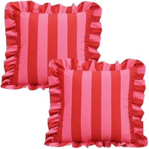 Set of 2 SquareThrow Pillow Covers 18‘’x18‘’,Ruffle Throw Pillow Cases for Bed,Cotton Polyester Couch Cover Accent Pillowcase,Sham Red and White Stripe Throw Pillowcases (Red and Pink)