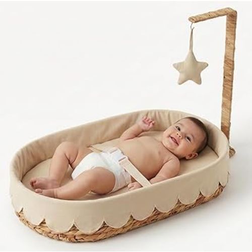 Premium Baby Changing Basket - Handwoven Wicker Moses Baskets for Newborn with Waterproof Changing pad & Linen Cover - Scalloped Changing Basket for Baby Dresser - Moses Basket Bassinet