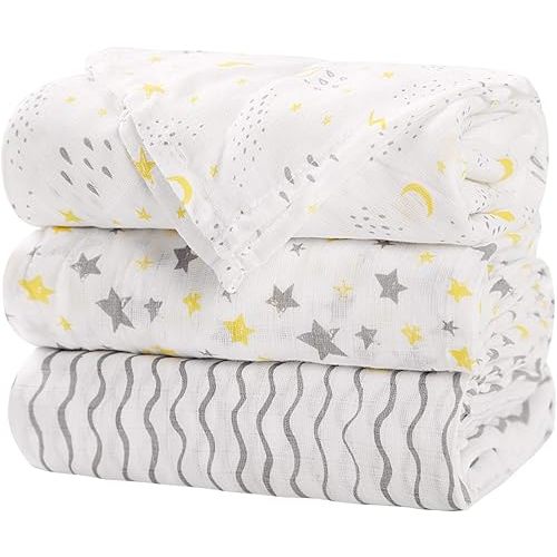 Little Grape Land Muslin Swaddle Blankets 47''x47'' 3 Pack, 100% Cotton Large Size Baby Swaddles for Newborn, Soft Breathable Baby Blankets for Newborns, Yellow