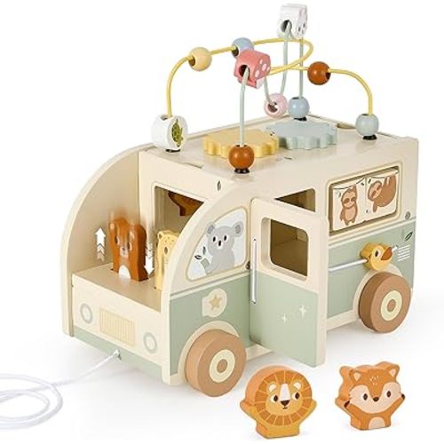 Pithfor Wooden Montessori Toys for 1 Year Old, Push & Pull Car Toys for Baby Toddlers 1 2 3 Year Old, 1st First Birthday Gift for Boys Girls, with Bobbling Driver & Bead Maze