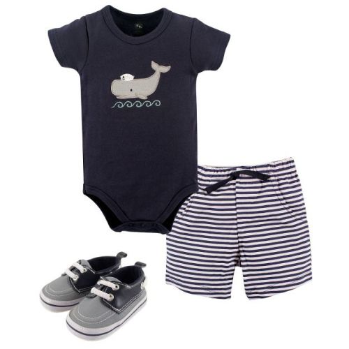 Hudson Baby Infant Boy Cotton Bodysuit, Shorts and Shoe 3pc Set, Sailor Whale, 3-6 Months