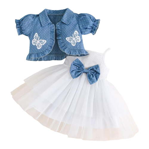 Baby Girl Outfits Spring Summer Halter Patchwork Mesh Skirt Short Sleeve Butterfly Print Tops Baby Girl Clothes White 6 Months-9 Months