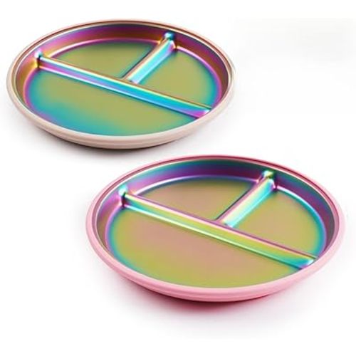 Stainless Steel Kids Plates with Suction, 9" BPA-Free Rainbow Toddler Plates 2pcs with Removable Food-Grade Silicone Base, Divided Baby Plates Dishwasher Safe, Pink & White