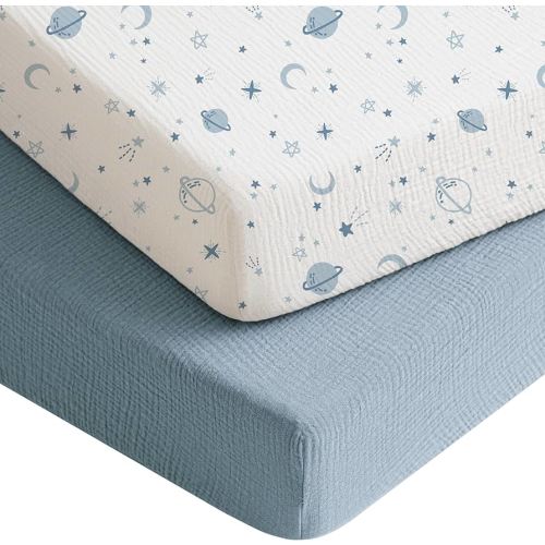 Konssy Muslin Crib Sheets for Boys, Soft Cotton Neutral Baby Sheets for Standard Crib Mattress 2 Pack, 52"x28" (Star,Blue)