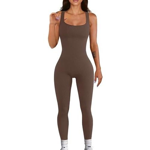 Women Workout Seamless Jumpsuit Yoga Ribbed Bodycon One Piece Tank Top Leggings Romper