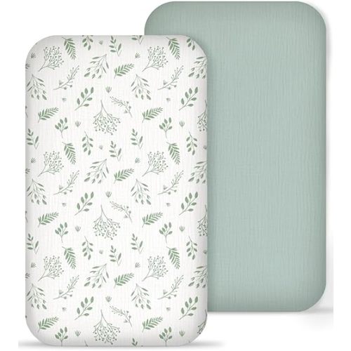 Muslin Bedside Bassinet Sheets 2 Pack, 33x20 Fitted Ultra Soft & Breathable Bedside Sleeper Sheets, Ideal for Baby Girl and Boy, Perfect for Newborns (Fern Leaf & Sage)