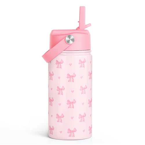 Bow Kids Water Bottle With Straw Lid 12oz Insulated Stainless Steel, Travel Tumbler, Pink Bow Gifts For Girls, Birthday, Christmas, Back To School