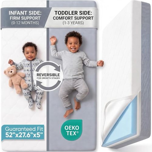 Baby Crib Mattress, Dual Sided Memory Foam 52x27.6x5 Inch, Gray