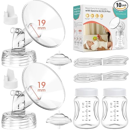 Breast Pump Parts Compatible with Spectra S1,S2,S9 Plus, Replacement Kit for Spectra Pump Parts 2PC Include 19 mm Flange, Duckbill Valve, Tube,Bottle, Backflow Protector, Not Original Accessories