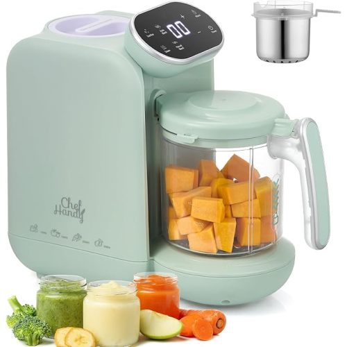 Chefhandy Baby Food Maker, Steamer & Blender with Stainless Steel Basket, Puree Maker with Auto/Manual Blend, Bottle Warmer & Sterili-zer, Safe & Easy-to-Clean Compact Baby Food Processor (Yellow)