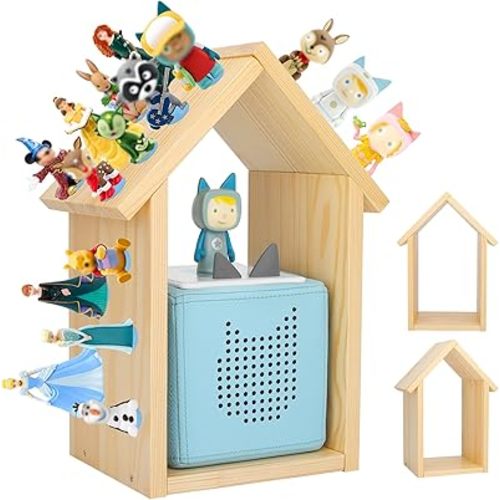 Taladad for TonieBox 2/1 Tonies Figures Characters Shelf with 35Pcs Adhesive Metal Plate for Creative Tonie Box Magnetic Storage Wooden Shelf for Kids (Natural)