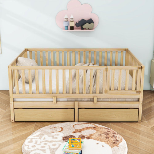 QYUF Storage Wooden Floor Bed with Guardrails and 2 Drawers & Reviews | Wayfair