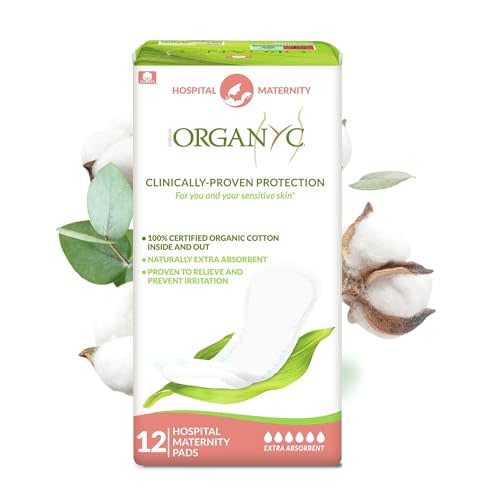 Organyc Hospital Postpartum Pads, 100% Certified Organic Cotton Inside and Out for Women, for First Days After Delivery, 12 Counts