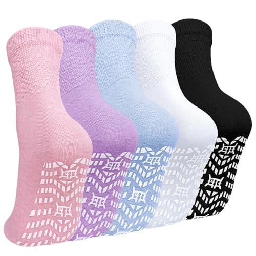 CaiDieNu Non Slip Socks for Women: Non Skid Crew Grip Socks with Gripper for Elderly Pregnant Hospital Slipper Grippy 5 Pairs