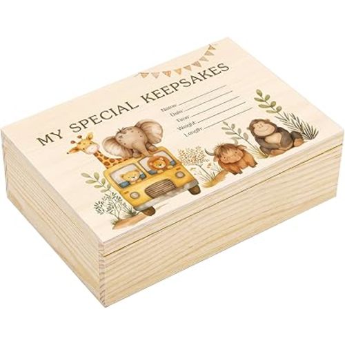 Thyle Safari Animal Wooden Baby Memories Keepsake Box with Animal Adventurers, Boys or Girls Keepsake Box, Parents Newborn Baptismal Birthday Gift for Memento, Storage, Decoration, Strong and Durable