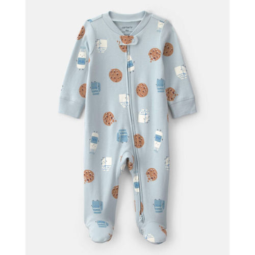 Baby Boy Milk & Cookies 100% Cotton 2-Way Zip Sleep & Play Pajamas - Blue | Carter's