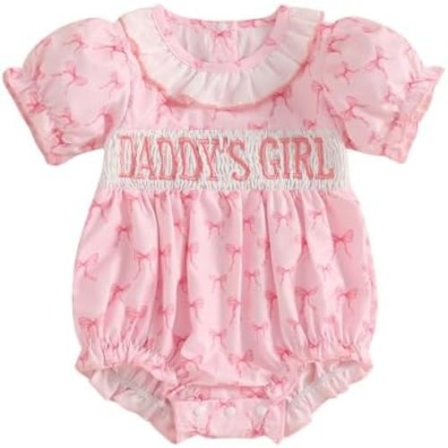 Newborn Baby Girl Romper Bow Embroidery Short Sleeve Pleated Smock Bubble Romper Jumpsuit Bodysuit Summer Clothes