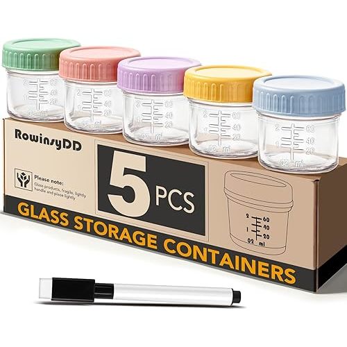 5 Pack Glass Baby Food Storage Containers, 4 oz Leakproof Baby Food Jars with Lids, Small Glass Food Containers for Infant Baby, Freezer & Microwave Safe, BPA Free
