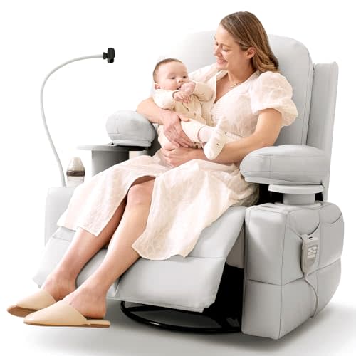 MAMAZING Lullapod Pro Oversized Rocking Chair Nursery with Adjustable Armrests, Electric Glider Nursing Chair for Breastfeeding, Power Swivel Recliner Chairs, Oeko-TEX & FSC Certified (Off White)