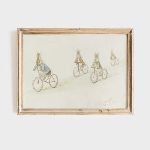 Beatrix Potter Biker Bunnies Vintage Illustration, Benjamin Bunny and Friends on Bicycles Nursery Print, Vintage children's book Rabbit Art.