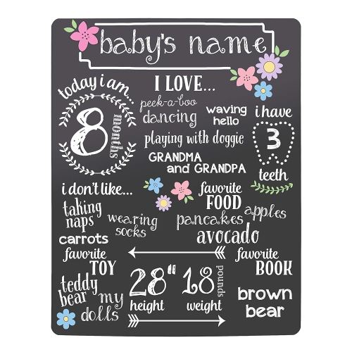 Kate & Milo Flowers Baby Milestone Chalkboard, Baby Girl Photo Prop, All About Me Reusable Milestone Board, Black