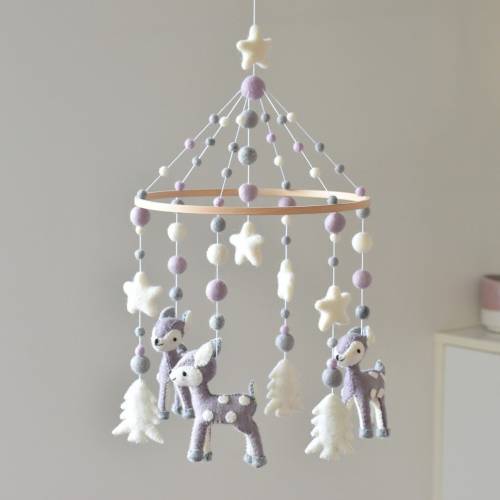 Lavender Deer Baby Mobile, Baby Mobile Woodland, Deer Nursery, Best Pregnancy Gifts, Mobile Woodland, Mountain Mobile, Unique Baby Gift